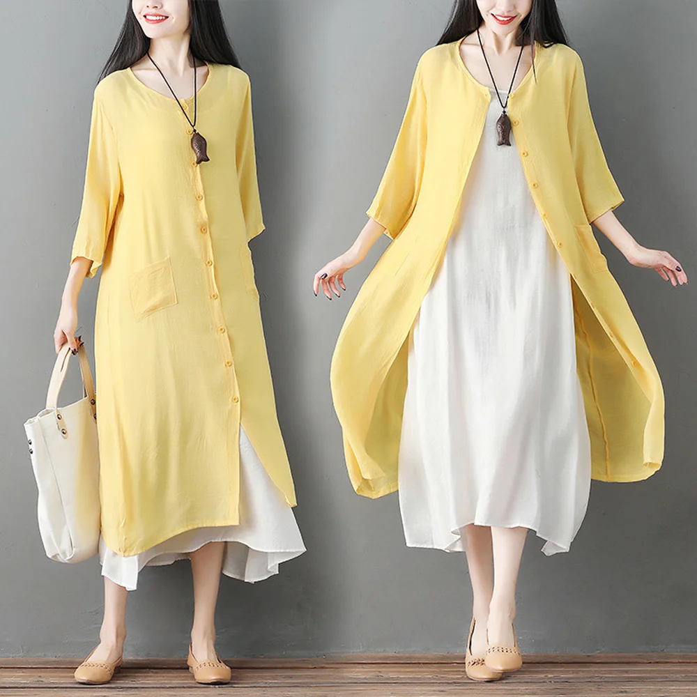 Women Summer Beach Bikini Cover Up Linen Long Dress Cardigan Jacket Coat Tops |