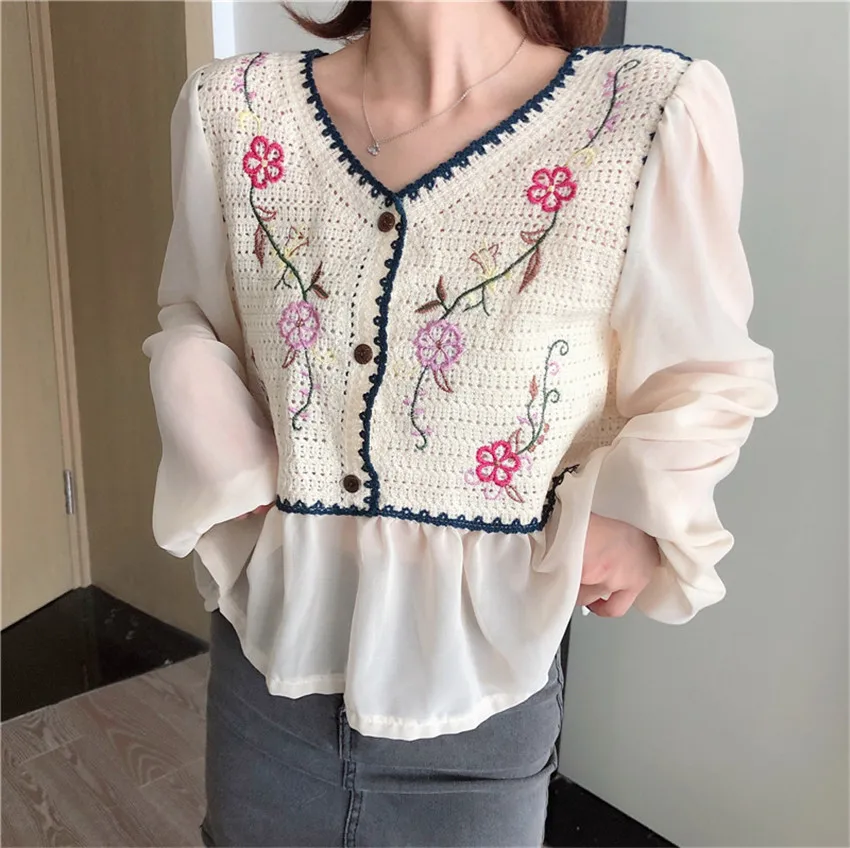 

Korean Fashion Chic Vintage Crochet Tops Women Long Sleeve Elegant Chiffon Blouse 2022 Spring Summer Kniited Cropped Blusa Mujer