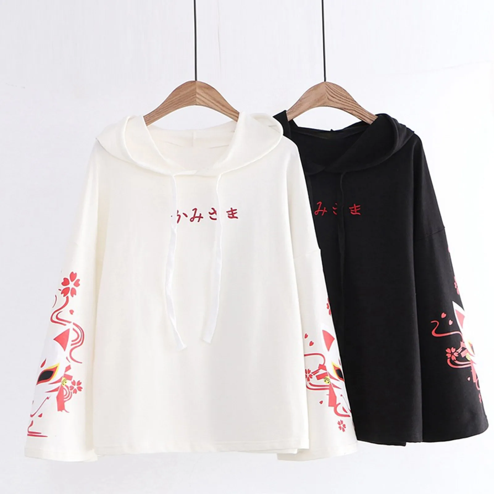 

Japan Sweatshirt Women Elegant Sukura Flower Print Cat Face Kawaii Hoodies Cute White Hoodies Girls Long Sleeve Pullover Moletom