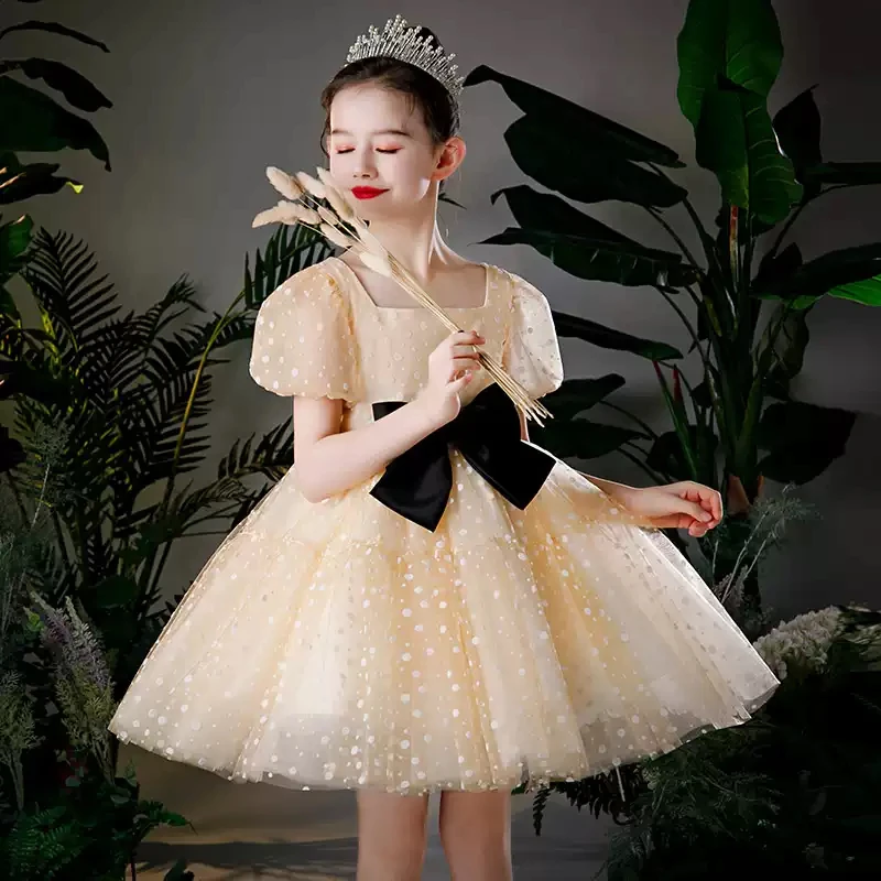 

Flower Girl Dresses Illusion Sequare Collar Princess Knee-Length Tulle Lace Short Luxury Champagne Elegant Kids Party Gown H426