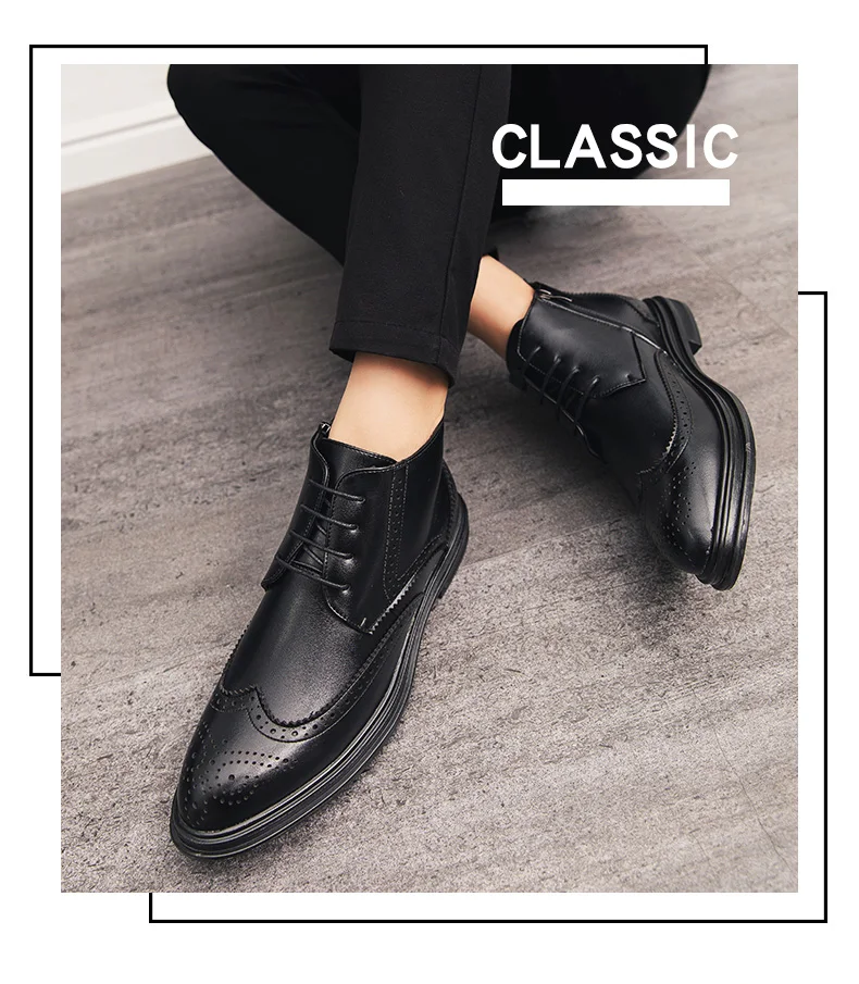 BIMUDUIYU Autumn New Men Leather Ankle Oxford Boots British Style Male Casual Lace Up Derby Shoes Fashion High Top Brogue Shoes