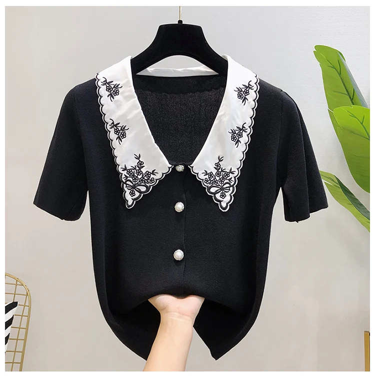 Топ женский трикотажный с коротким рукавом элегантная винтажная вышивка