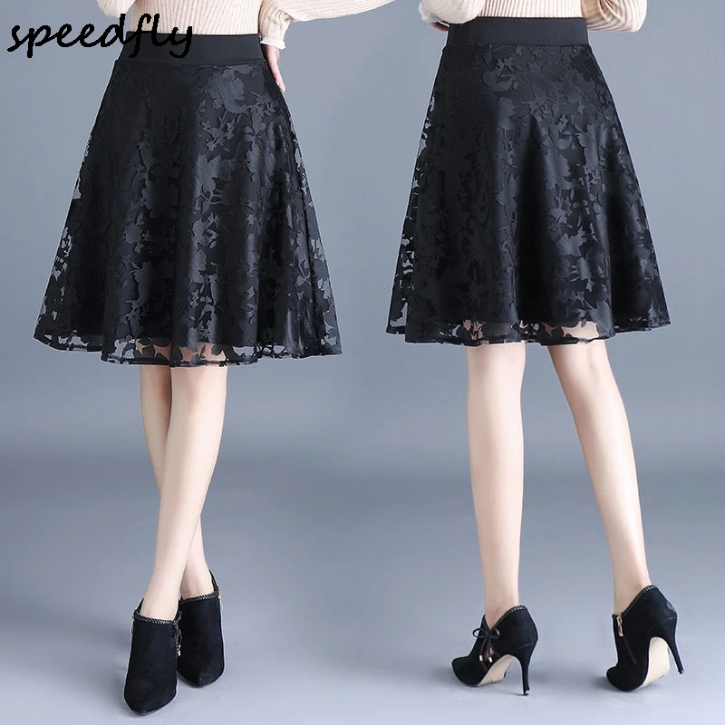 

Women Summer New Highg Waist Slim Black Mesh Pleated Mid-long Skirt Office Lady 173953579171