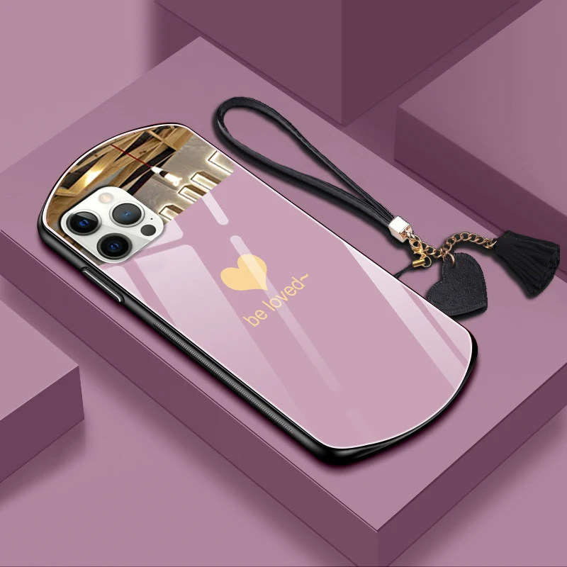 Luxury Cute Oval Heart-shaped Tempered Glass Phone Case For iPhone 14 13 12 11 Pro Max XS XR X SE 8 7 Plus Mirror Lanyard Cover