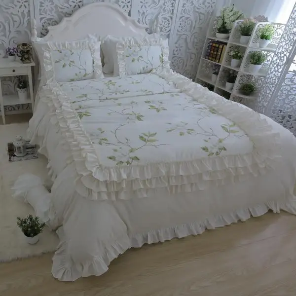 

Multi Layers Ruffled Leaves printed Beige Duvet cover Bed skirt set 100%Cotton Ultra Soft Twin Queen King size Girls Bedding set