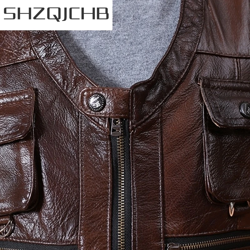 

JCHB 2021 New Brand Genuine Cow Leather Vest Mens Sleeveless Real Leather Vest Many Pockets Brown Motorcycle Jacket Male Waistco