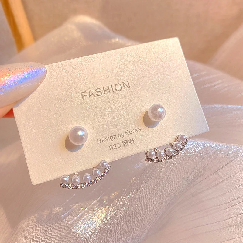 

Trendy Exquisite Plated Silver Rear Hanging Round Bead Pearl Earrings for Women Girl Jewelry AAA Zircon S925 Silver Needle Stud