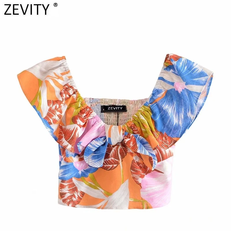 

Zevity New Women Tropical Floral Print Bow Tied Short Slim Smock Blouse Female Pleat Ruffles Shirts Roupas Chic Crop Tops LS9407