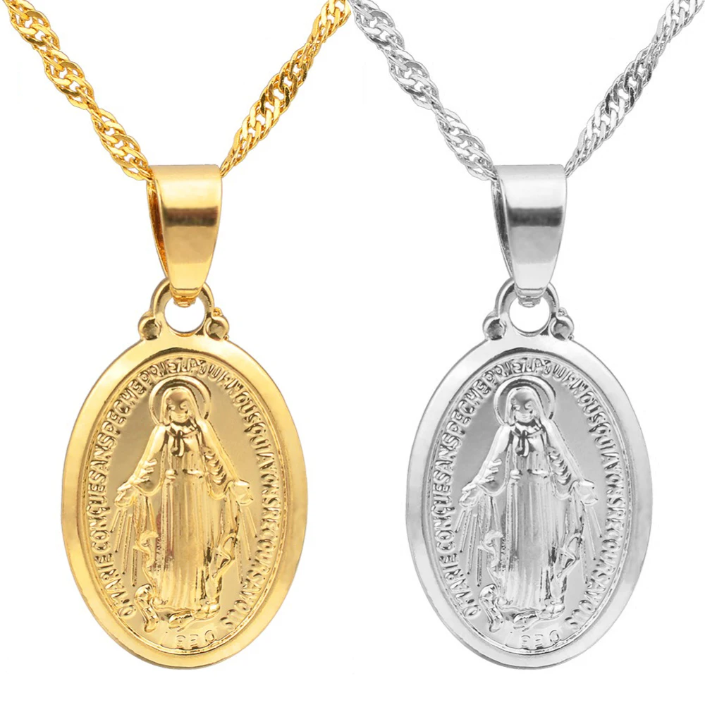 

Anniyo Virgin Mary Pendant Necklace for Women,Silver Color/Gold Color Our Lady Jewelry Wholesale Colar Cross Trendy Chain#006210