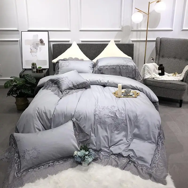 

100%Egyptian Cotton 4Pieces Ruffle Lace Crown Duvet Cover Set King Queen Size Grey Purple Bedding Set Bed sheet Pillow shams