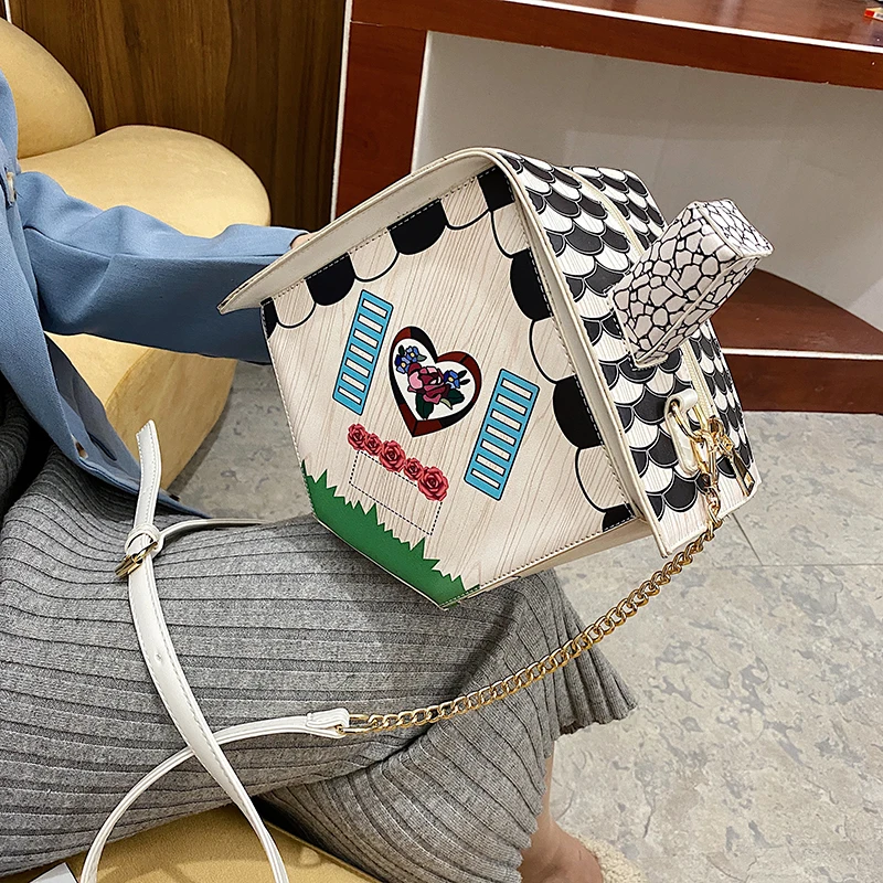 

Funny Bags for Women 2021 Luxury Leather Baguette Bag Ladies Cute Cartoon House Crossbody Fashion Satchel Shoulder Party Bag