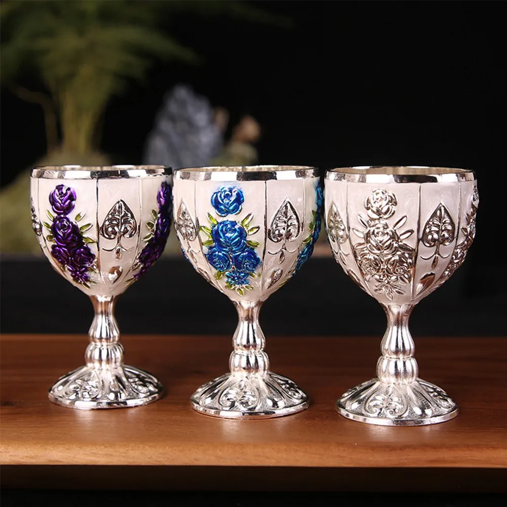 

Wine Cup Chalice Aluminum Alloy Fake Antique Retro Carved Goblet Table Decor Cocktail Glasses Whiskey Cup Party Bar Drinkware