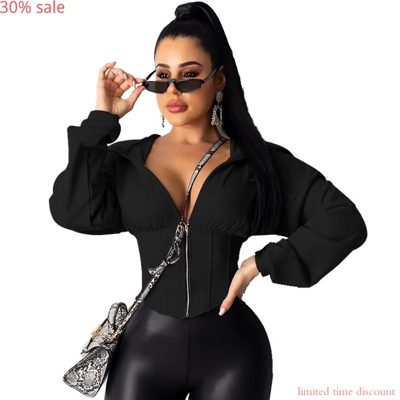 Черная укороченная куртка в уличном стиле сексуальная толстовка с капюшоном из