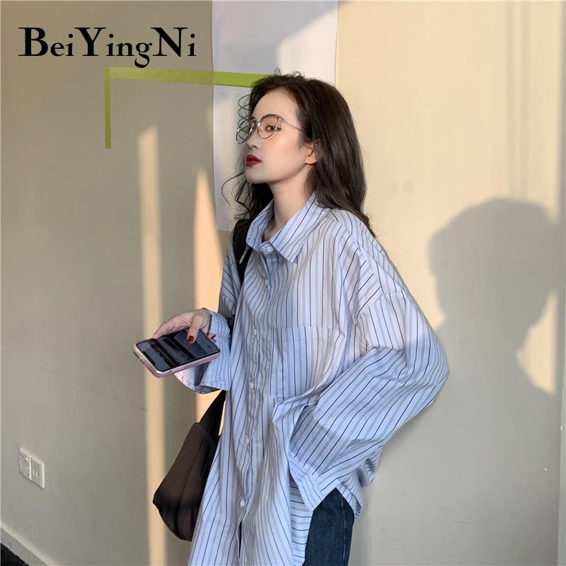 

Beiyingni Korean Oversize All-match Striped Shirts For Womens Single-breasted High Street Harajuku Blouses Female Loose Top Lady