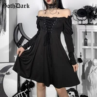 goth dark gothic bandage open shoulder black dresses grunge casual lettuce hem fall long sleeve dress slim a line emo partywear