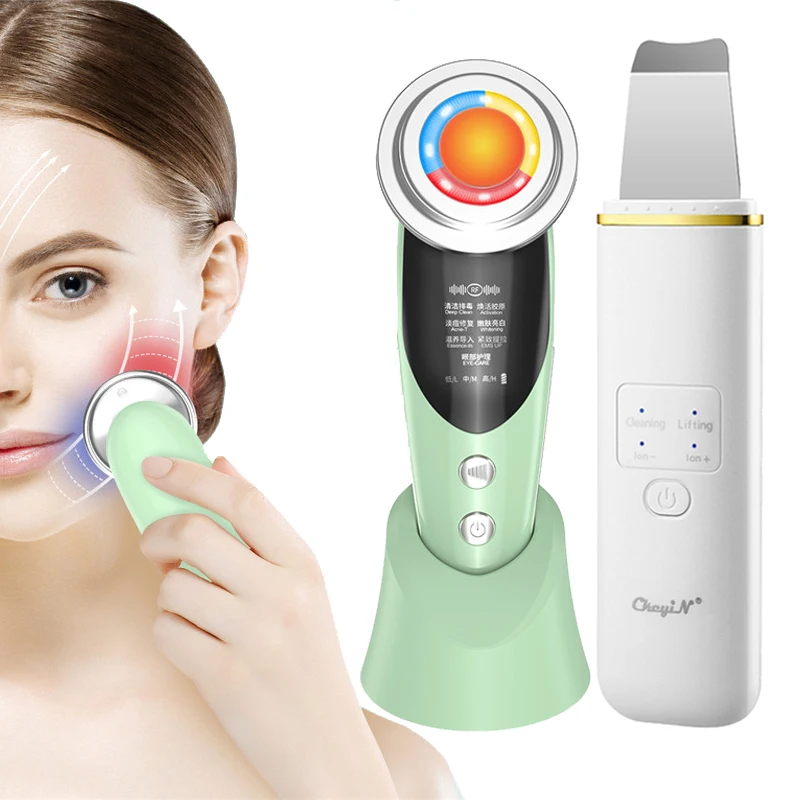 

Ultrasonic Skin Scrubber Deep Cleaner Blackhead Removal Exfoliate LED Facial Photon Light Therapy EMS Lifting Beacuty Machine