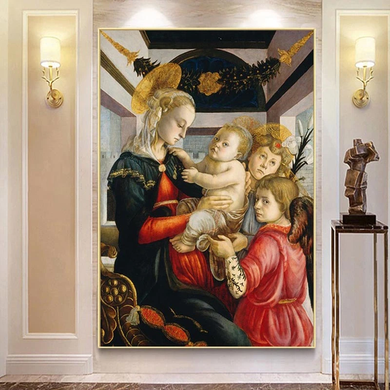 

Famous Paintings The Virgin and Child By Sandro Botticelli Canvas Painting Posters and Prints Wall Art Pictures for Living Room