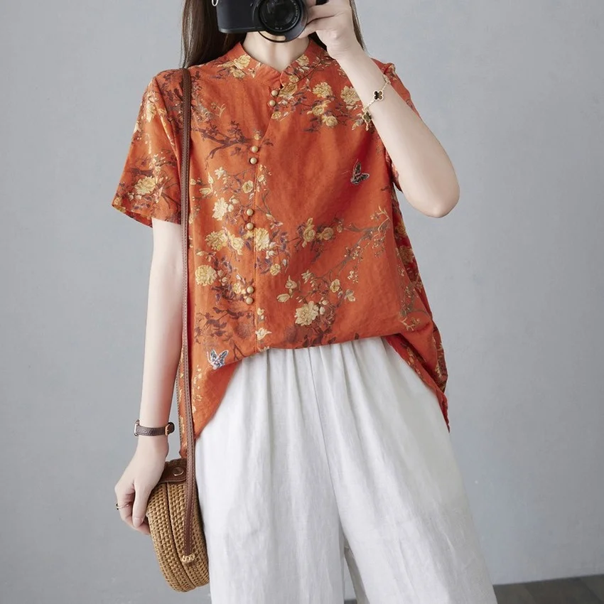 

Chinese Traditional Clothes for Women Linen Cotton Short Sleeve Blouse Vintage Floral Print Cheongsam Fashion Loose Soft Hanfu