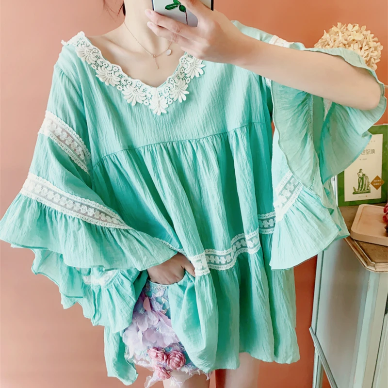 Summer Spring Oversize Korean Sweet Casual Loose Lace Patchwork Cotton Linen Green Shirts Tops Women blouses