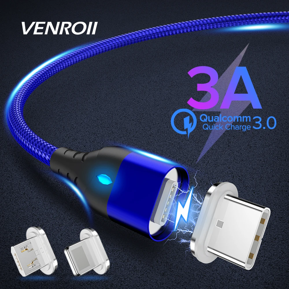 Магнитный кабель Venroii type C USB шнур для телефона 3A Быстрая зарядка USBC Cabo для samsung S10 S9 S8 Redmi K20 Pro Micro charger Kable