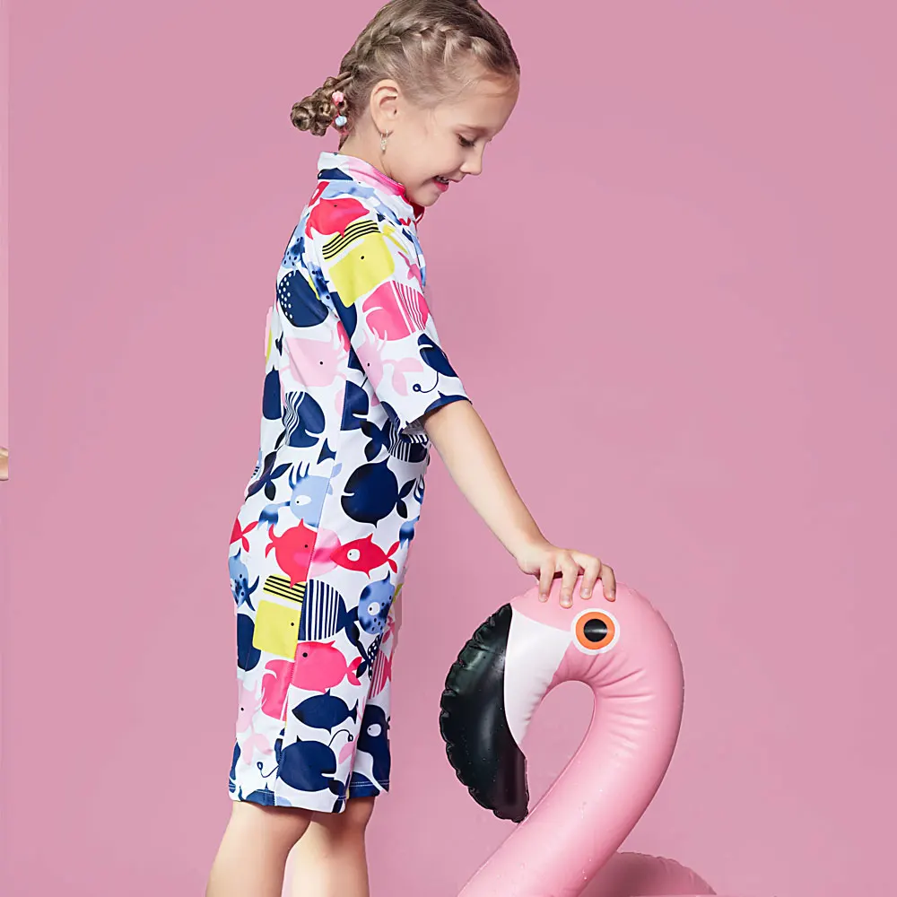 Swimsuit Baby Girls Swimwear Toddler Sunsuits One Piece Bathing Suit with Swimming Cap Zip Front Rash Guard Beachwear | Спорт и