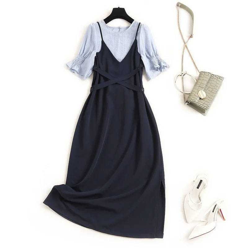 

Корейский сладкий ветер 2021 Летние Новые однотонные тонкие обтягивающие платья с имитацией двух частей