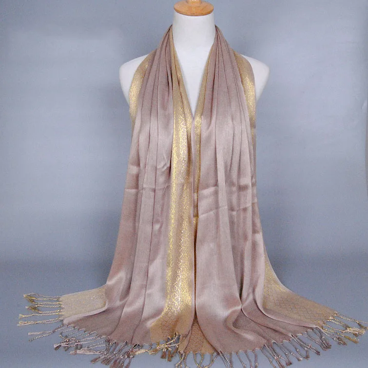 khaki Cotton Lady Scarf Islamic Hot Sale Golden Thread Headband 16 Colors Scarves Women Soft Shawl Tassel Wrap - Цвет: khaki