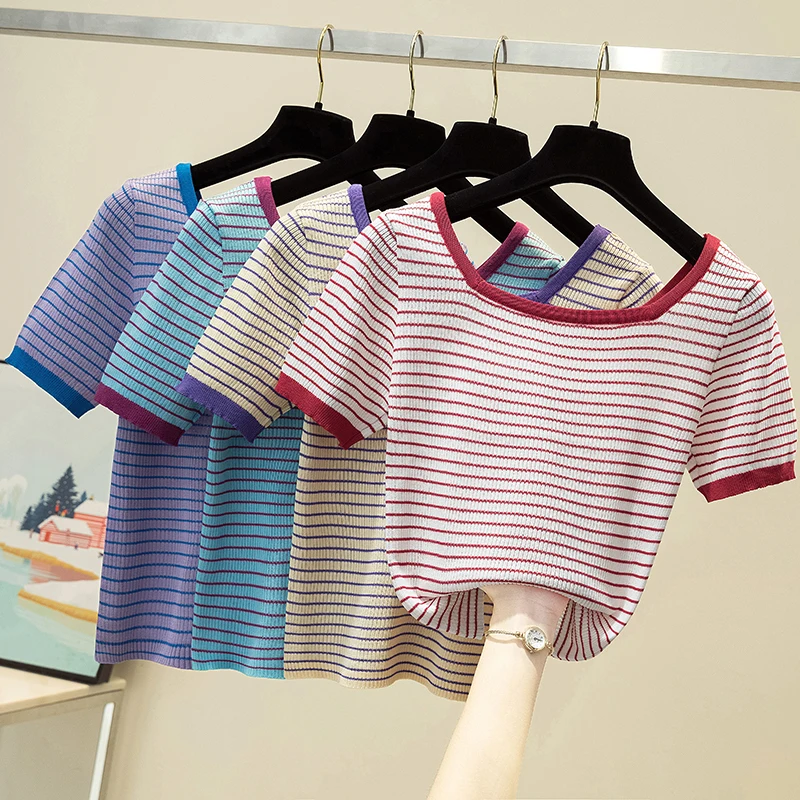 

Женский тонкий Простой свитер, облегающий джемпер с круглым вырезом и коротким рукавом, повседневный трикотажный пуловер с прострочкой на ...