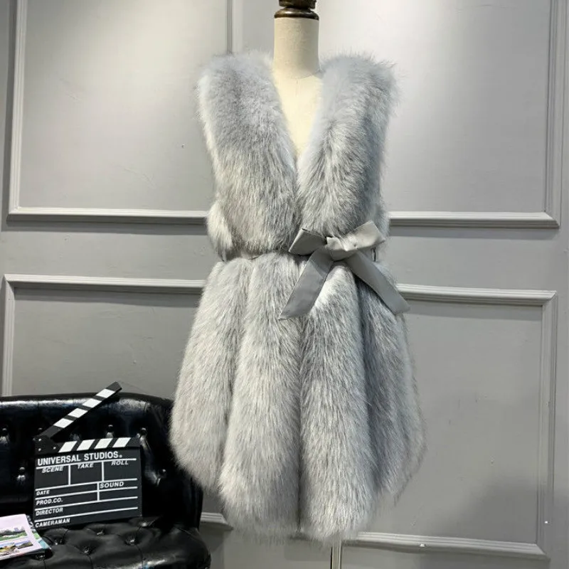 

Simulation Fox Fur Tank V-Neck Waistcoat Women with Waistband Vertical Striped Faux Mink Fur Vest OL Cardigan Abrigos Mujer
