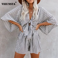 sexy v neck tie up bow shorts jumpsuit women spring striped print loose playsuit summer flare sleeve office lady overalls romper