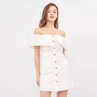 women vintage off the shoulder ruffled party dress front button white color elegant casual mini dress 2021 summer new dress