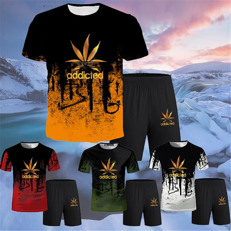 

2021 Summer Fashion Mens Tracksuit Short Sleeve tshirts+Shorts 2pc Sets Beach Male Casual Tee Shirts Sportswears poleras hombre