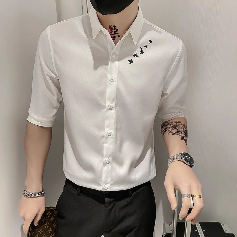 

Spring Summer Camisa Masculina Flying Birds Print Half Sleeve Shirts For Men Clothing 2022 Slim Fit Casual Tuxedo Chemise Homme