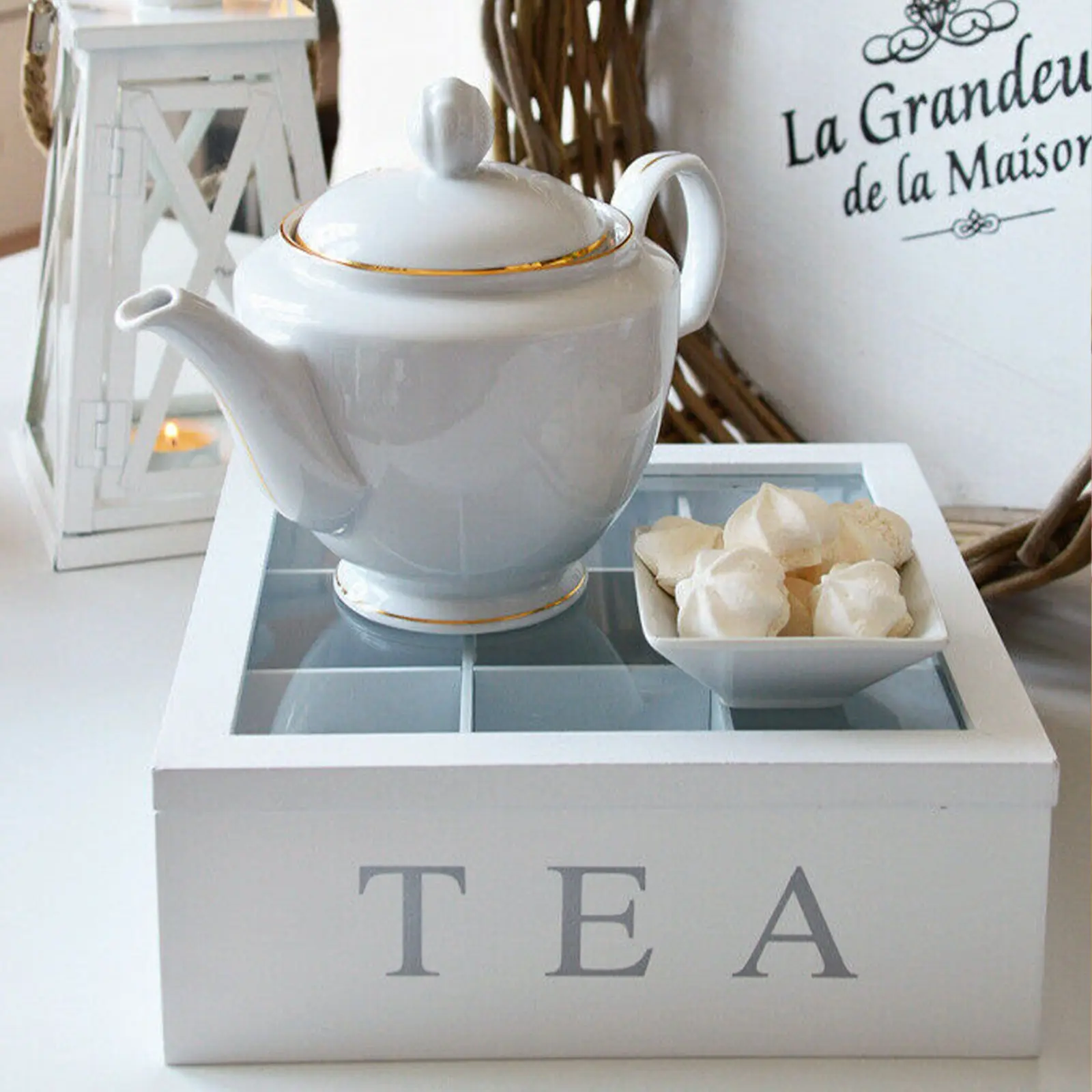 

Wooden Tea Box Organizer Container Wood Storage Compartments Cabinets Coffee Tea Candies Bag Holder Organizer Kitchen Storage