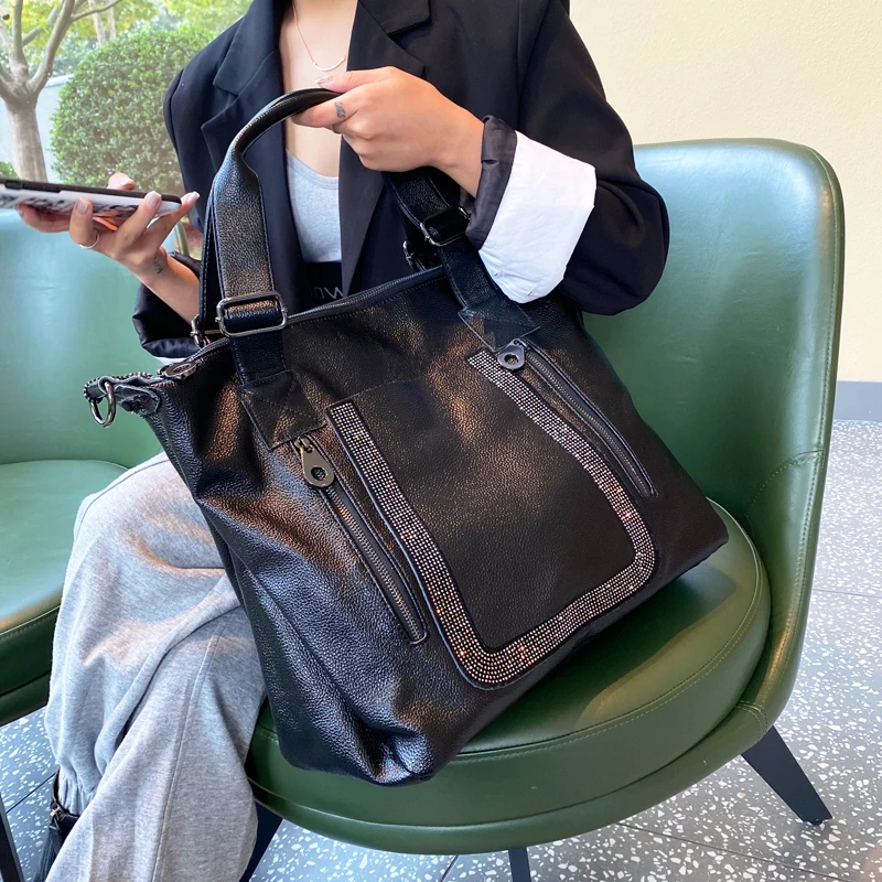 

Split Leather Rhinestone Handbag Women's Branded Bags Shopping Black Large Tote Purses Over Shoulder Crossbody Satchels