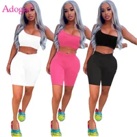 adogirl women casual sporty two piece set solid tracksuit one shoulder sleeveless crop top skinny shorts summer jogging suit