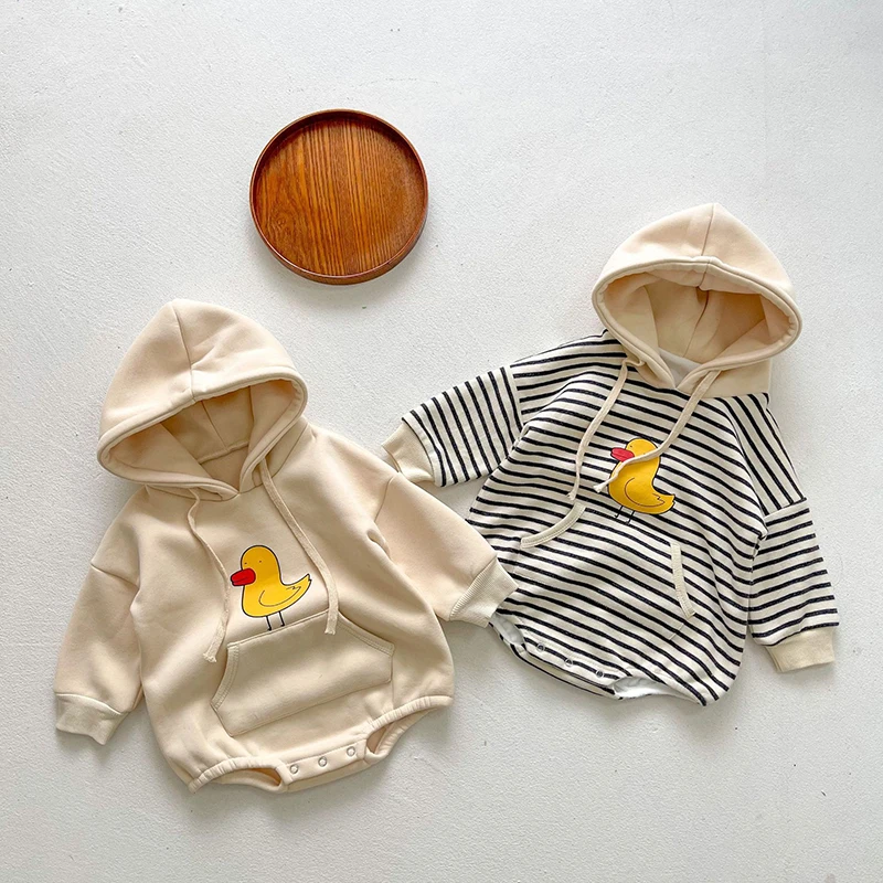 Autumn And Winter Thicken Warm Baby Hooded Romper Striped Duckling Sweater One-piece Baby Boy Girl Clothes Outerwear Bodysuit