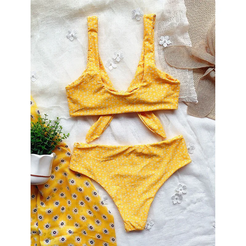 

Rivertrip Dot Print Bikinis High Waist Swimsuits Women Chest Tie Swimwear Summer New Push Up Bathing Suits Sexy Beachwear 2021