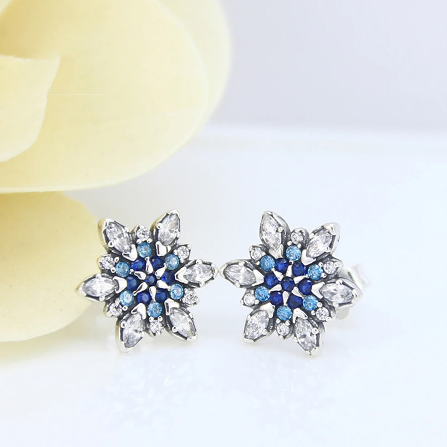 

Hot New Real 925 Sterling Silver Earring Shiny Blue Crystal Snowflake Earrings For Women Wedding Gift Fashion Jewelry