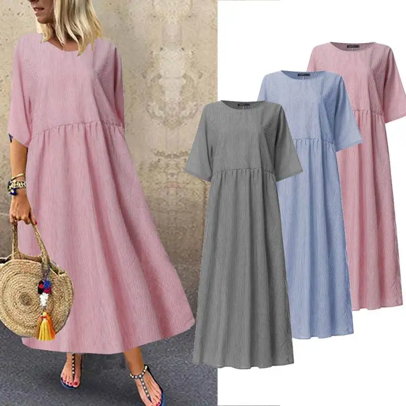 ZANZEA размера плюс Полосатое Платье женское повседневное длинное макси Vestidos винтажное летнее платье с круглым вырезом хлопковое льняное платье 5XL