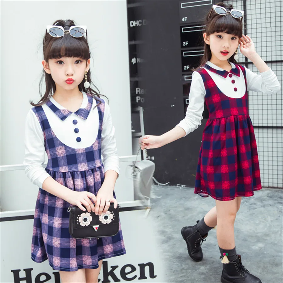 Элегантное повседневное платье-рубашка в клетку с длинным рукавом для девочек