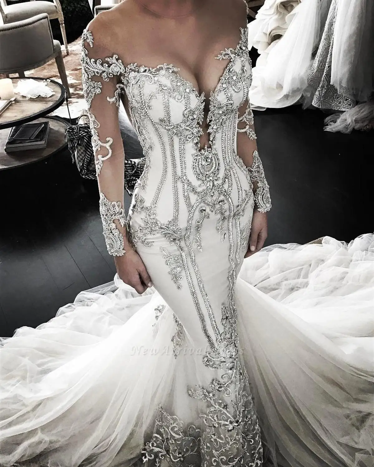 Robe De Mariee тонкая Кружевная аппликация Русалка свадебное платье имитация Длинного Рукава декольте Свадебные платья