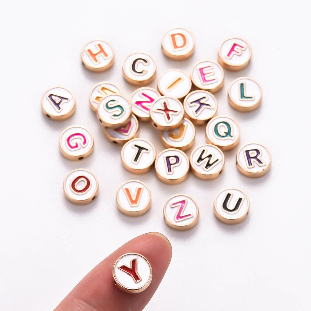 

10mm White Background Alloy Color Double-sided Dripping Oil 26 English Alphabet Beads DIY Bracelet Necklace Jewelry Accessories