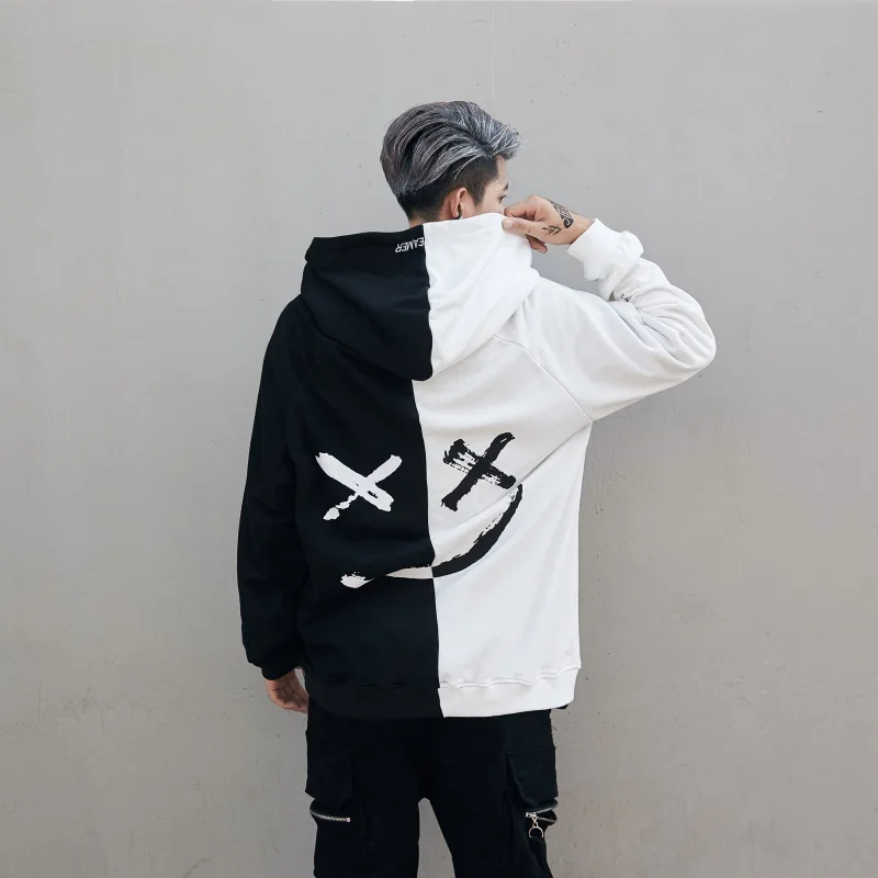 Spring Autumn Male Graffiti Smiling Face Black and White Patchwork Hoodie Men Women Hip-hop Loose Couple Coat Tide | Мужская одежда