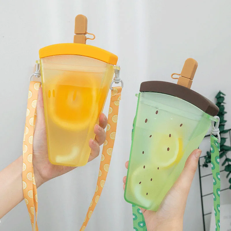 

320ml Watermelon Ice Cream Water Bottle With Straw Kids Plastic Bottles Portable Rope Travel Water Cup Student Milk Juice Cup