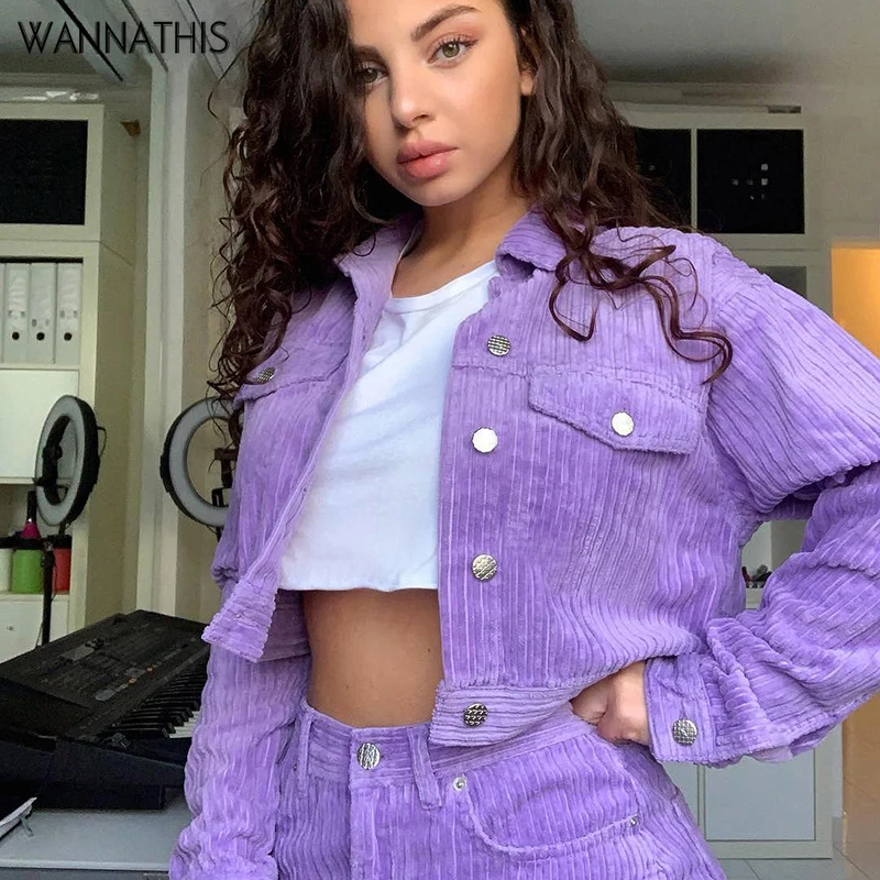 Женская Вельветовая куртка WannaThis фиолетовая теплая с отложным воротником и