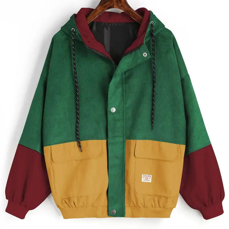 

2021 Windbreaker Coats and Jackets Women Outerwear And Coats Jackets Long Sleeve Corduroy Patchwork Oversize Zipper Jacket