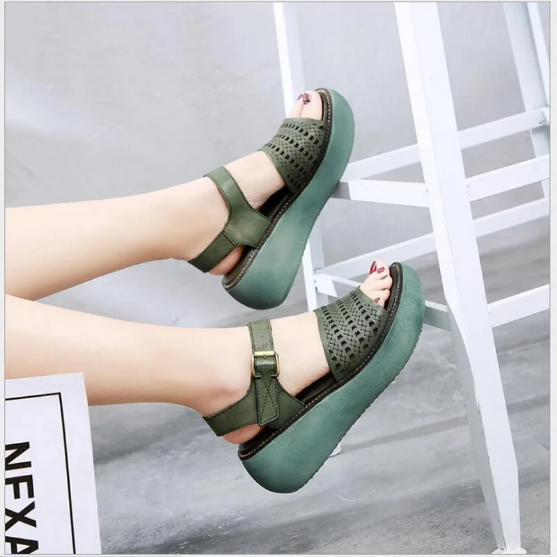 2020 New Retro Summer Women Sandals Handmade Genuine Leather Single Shoe Casual High Heel Wedges Platform Sandals