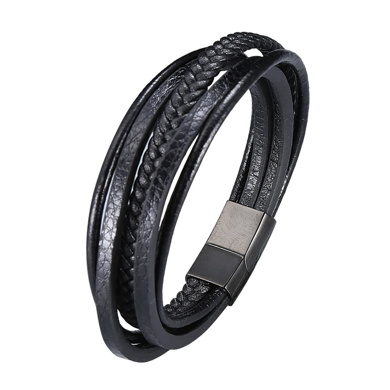 

Punk Stainless Steel Multilayer Bracelets Genuine Leather Bracelet & Bangles for Men Jewelry Black Color Fashion Gift BB1002