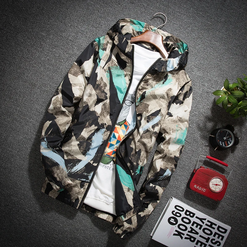 Куртка-бомбер мужская демисезонная с капюшоном и принтом | Мужская одежда